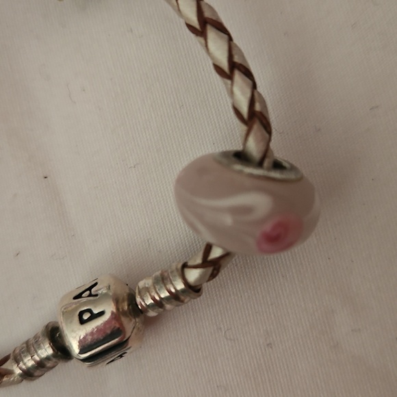 Pandora Charm With Leather Braid  Silver 925  Pink & Green Bracelet - Picture 4 of 5